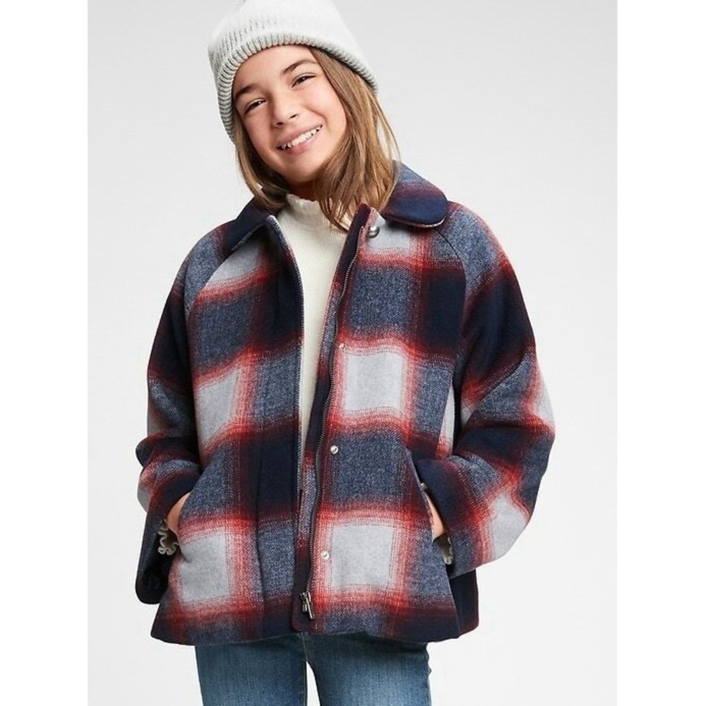Gap Kids Plaid Pea Coat Girls Large Blue Red Wool Blend‎ Cape Jacket